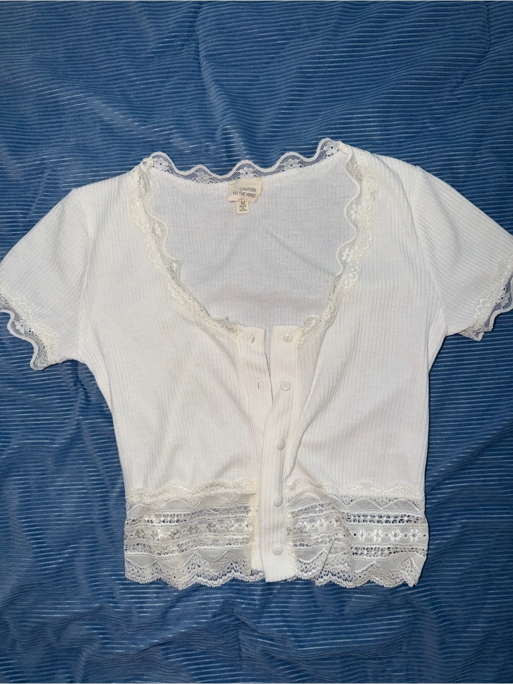 Caution To The Wind White Lace-Trim Cropped Button Front Top